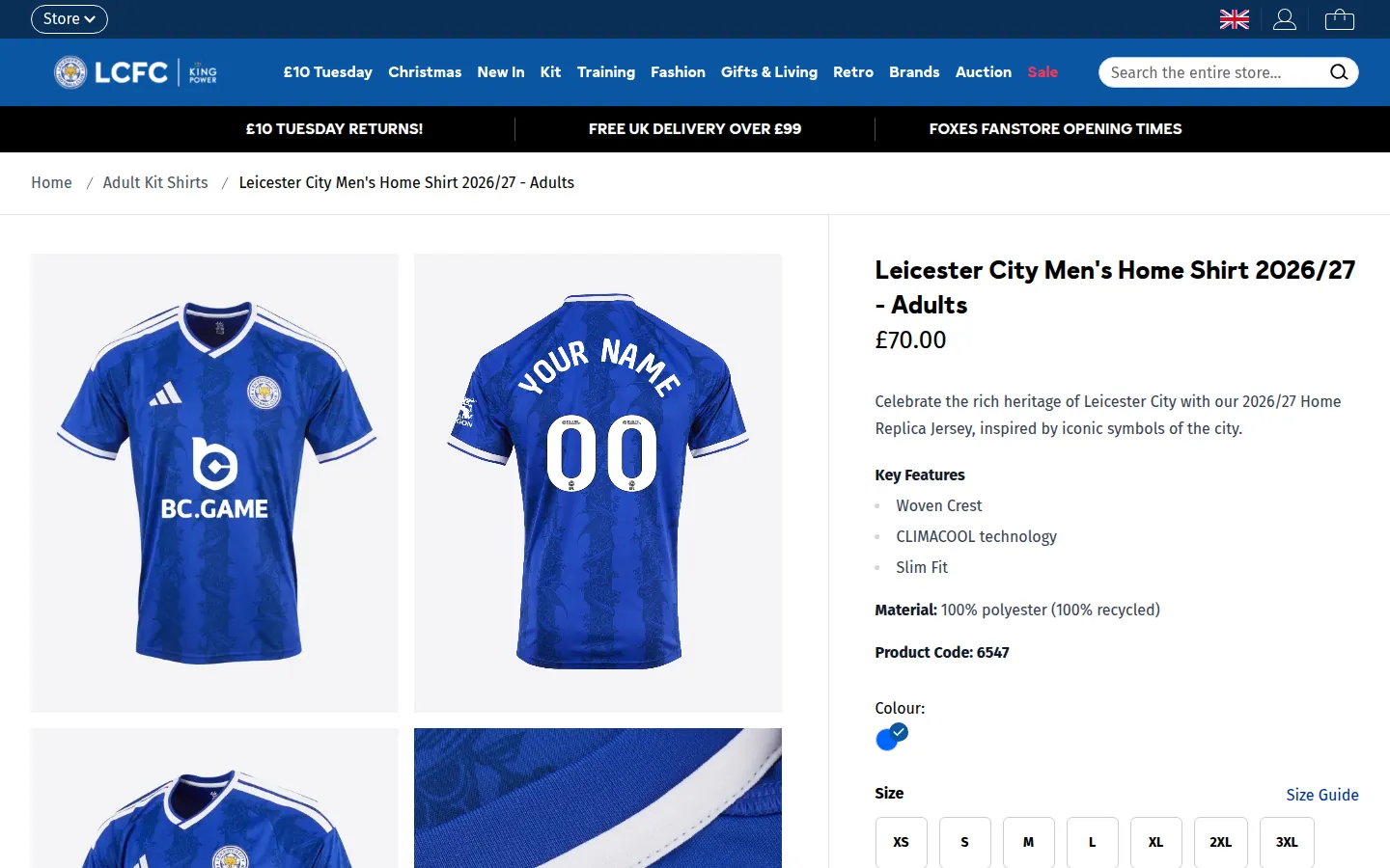 Leicester City FC home shirt 2026/27 product page with Kit Builder options