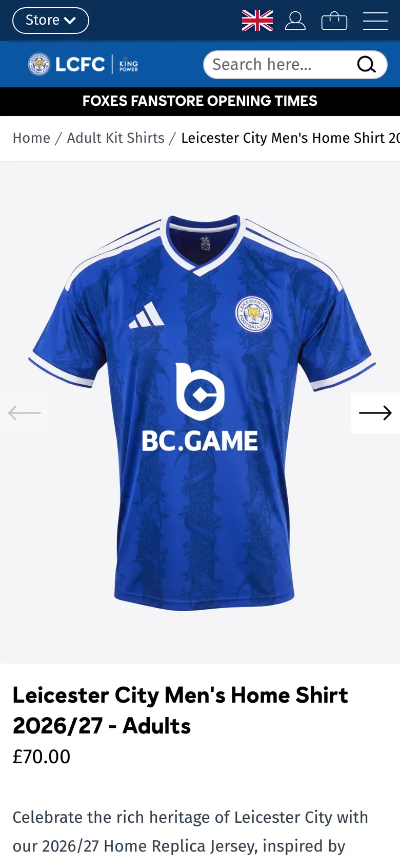 Leicester City FC home shirt product page on mobile