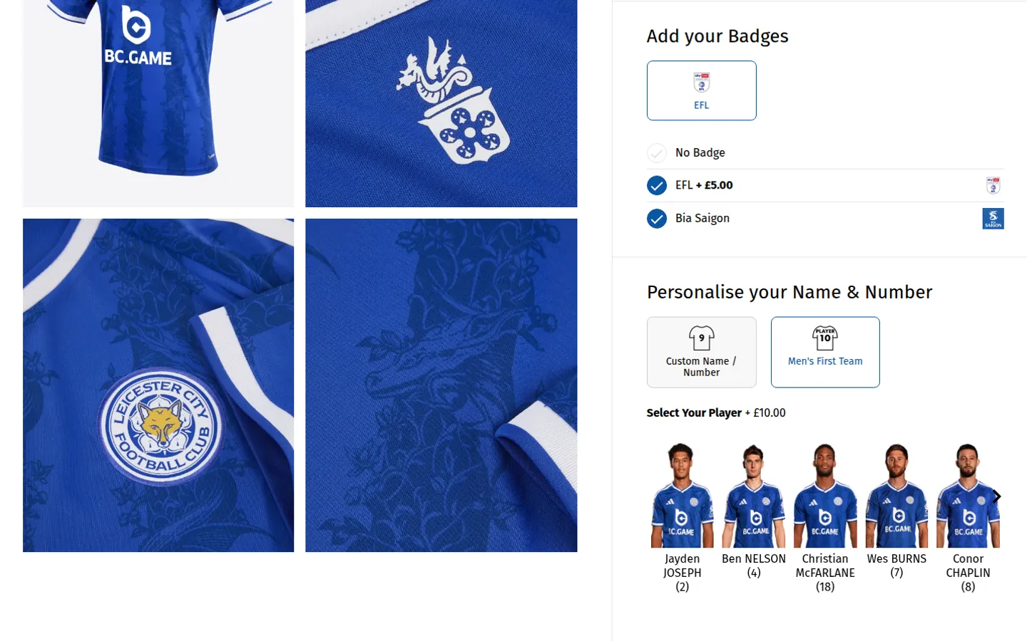 Leicester City FC Kit Builder: sleeve badges, custom name and number, and the first-team player picker