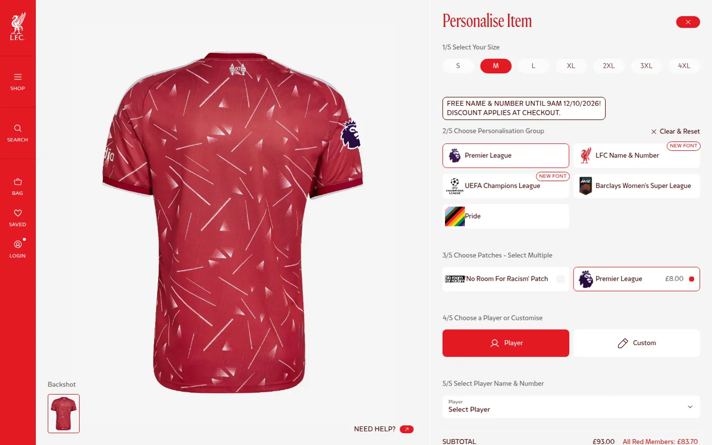 Liverpool FC Kit Builder: Personalise Item panel with lettering groups and patches